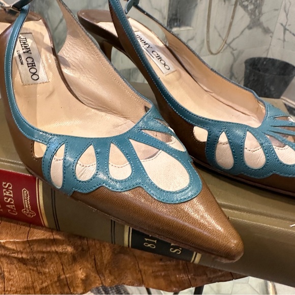 Jimmy Choo | 8 | Slingback Pumps Brown Teal Cutout Leather Pointed Toe 3” Heel - Picture 5 of 16